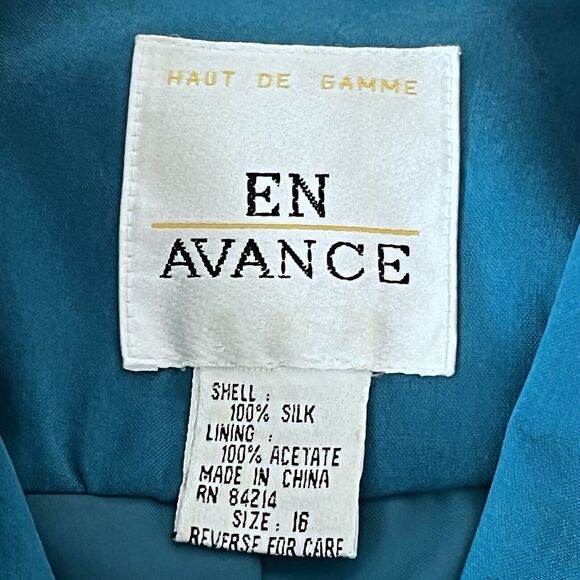 EN Avance Womens Blazer 100% Silk Teal SZ 16 Double Breasted Sophisticated Lux - Picture 8 of 11